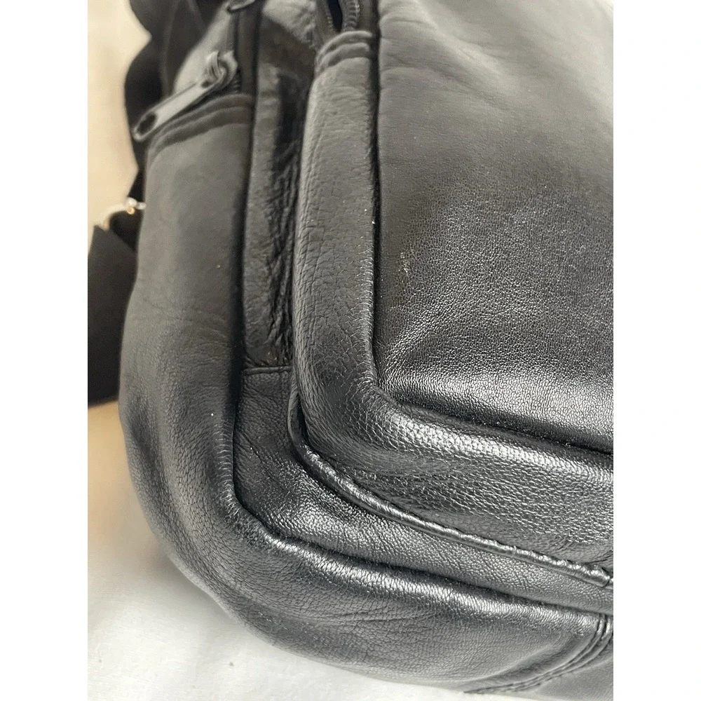 Y2K Genuine Leather Sling Bag Unisex Small Black Multiple Pockets Travel Casual